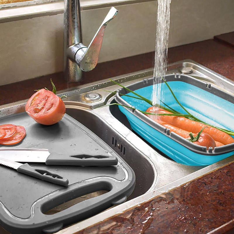 Gintan Camping Cutting Board  9-in-1 Collapsible Chopping Board with Colander  Gifts for Campers Happy Camper Camping Accessories for RV Campers(Blue+Grey) - Image 3